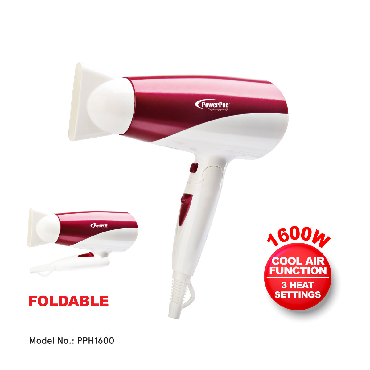 Hair Dryer with cool air, Foldable Hair Dryer 1600W (PPH1600)