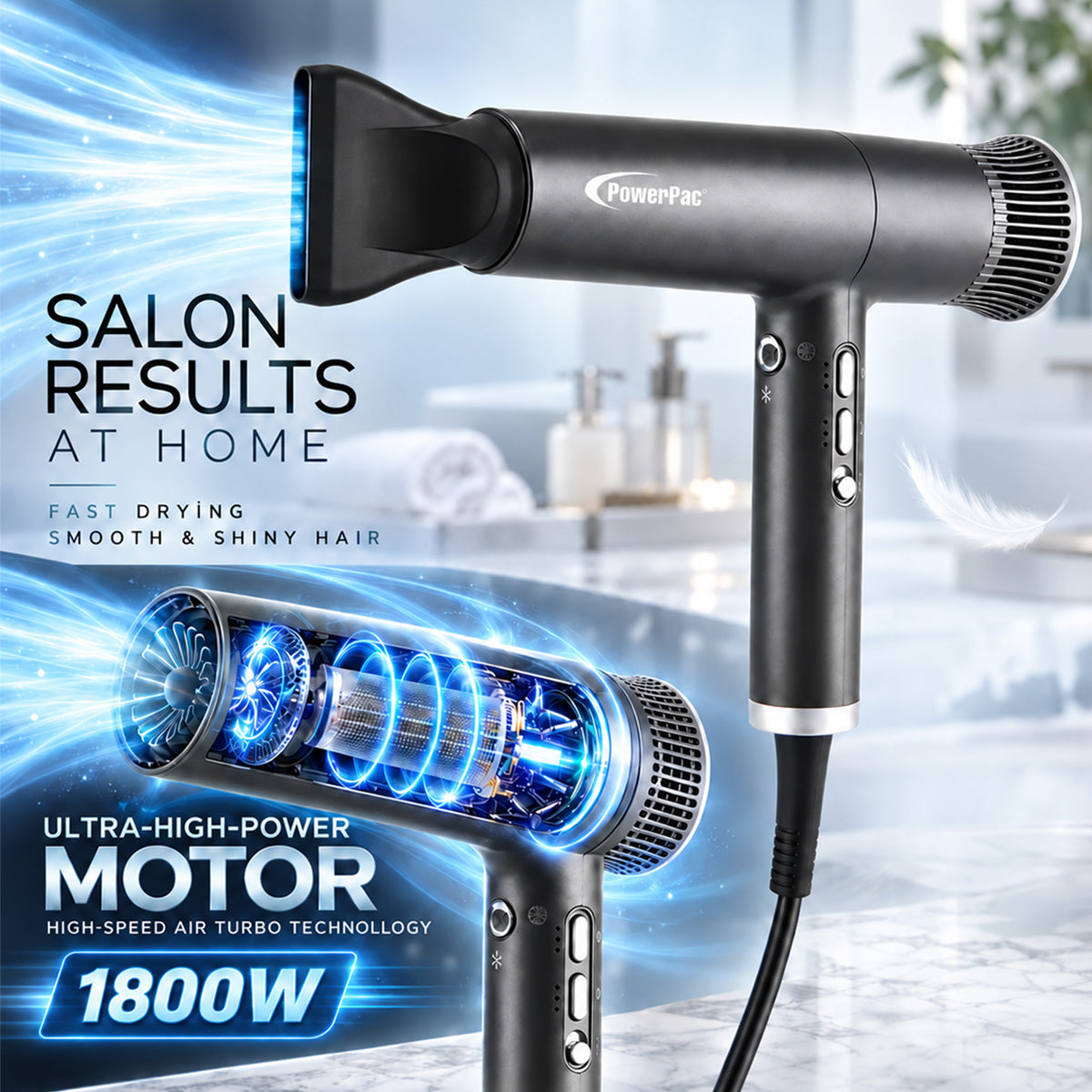 PowerPac High Speed Hair Dryer with cool air, Ionic Blow Dryer 1800W (PPH2878)