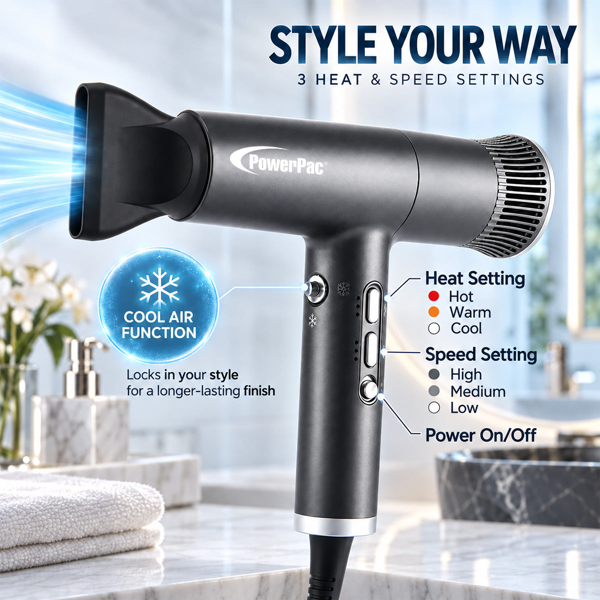 PowerPac High Speed Hair Dryer with cool air, Ionic Blow Dryer 1800W (PPH2878)