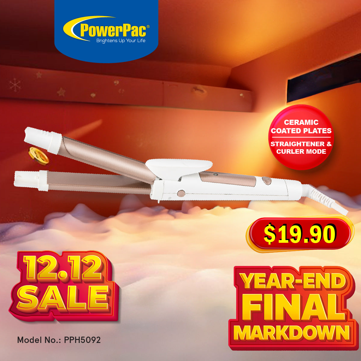 2 IN 1 Electric Hair Curler, Straightener with Quick heat up and neon indicator (PPH5092)