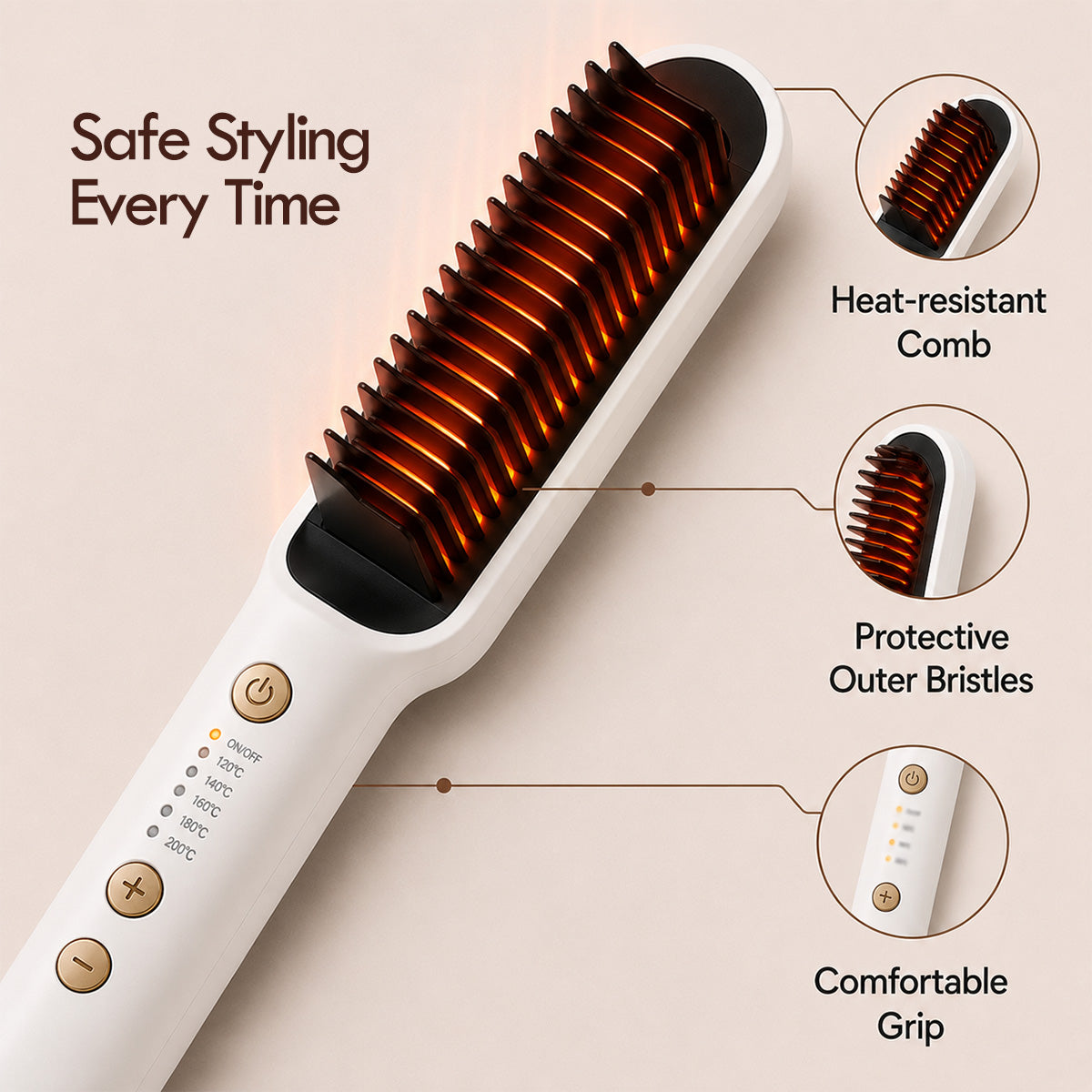 PowerPac Electric Hair Straightener Brush with Quick heat up, 5 Temperature settings & neon indicator (PPH5093)