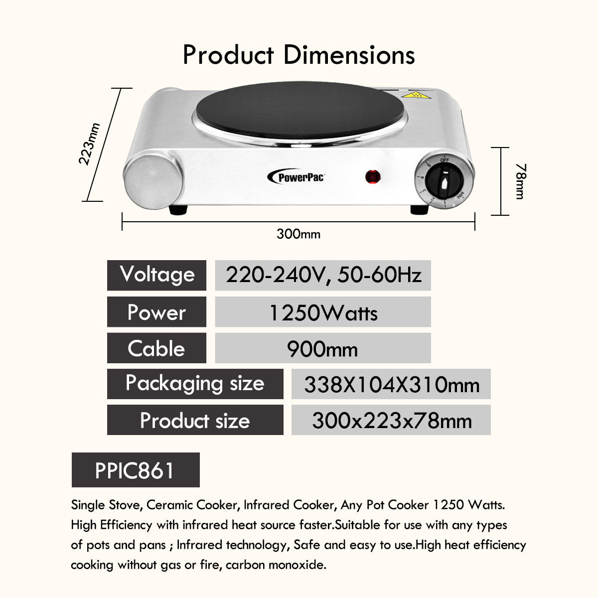 Single Stove, Ceramic Cooker, Infrared Cooker, Any Pot Cooker 1250W (PPIC861)