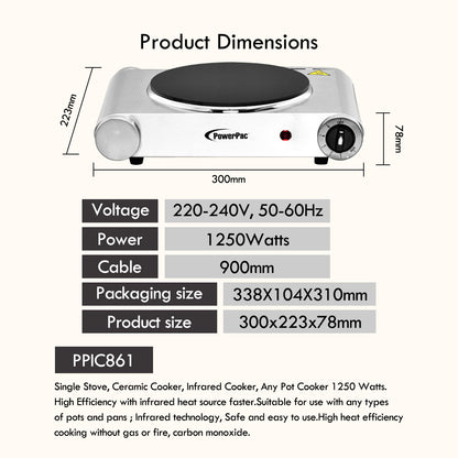 Single Stove, Ceramic Cooker, Infrared Cooker, Any Pot Cooker 1250W (PPIC861)