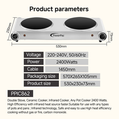 Double Stove, Double Burner, Ceramic Cooker, Infrared Cooker, Any Pot Cooker 2400 Watts (PPIC862)