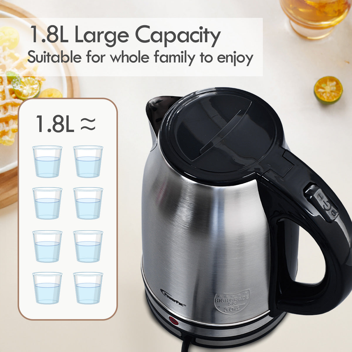 Electric Kettle, Cordless Kettle Jug 1.8L Stainless Steel (PPJ2003)