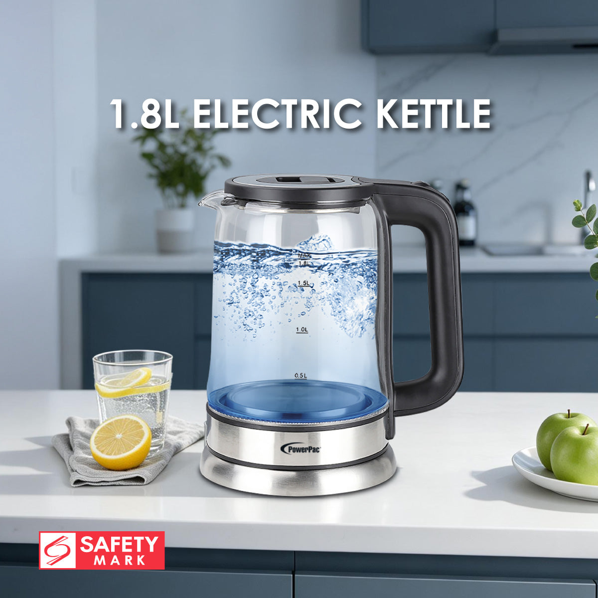 PowerPac Cordless Kettle Jug 1.8L Tempered Glass Jug, Electric Kettle (PPJ2004B)