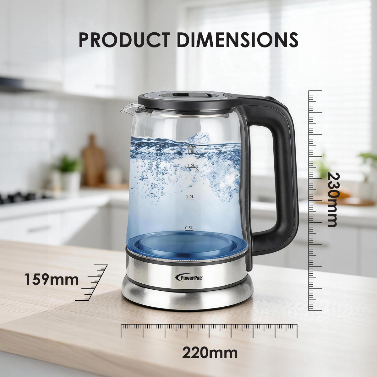 PowerPac Cordless Kettle Jug 1.8L Tempered Glass Jug, Electric Kettle (PPJ2004B)