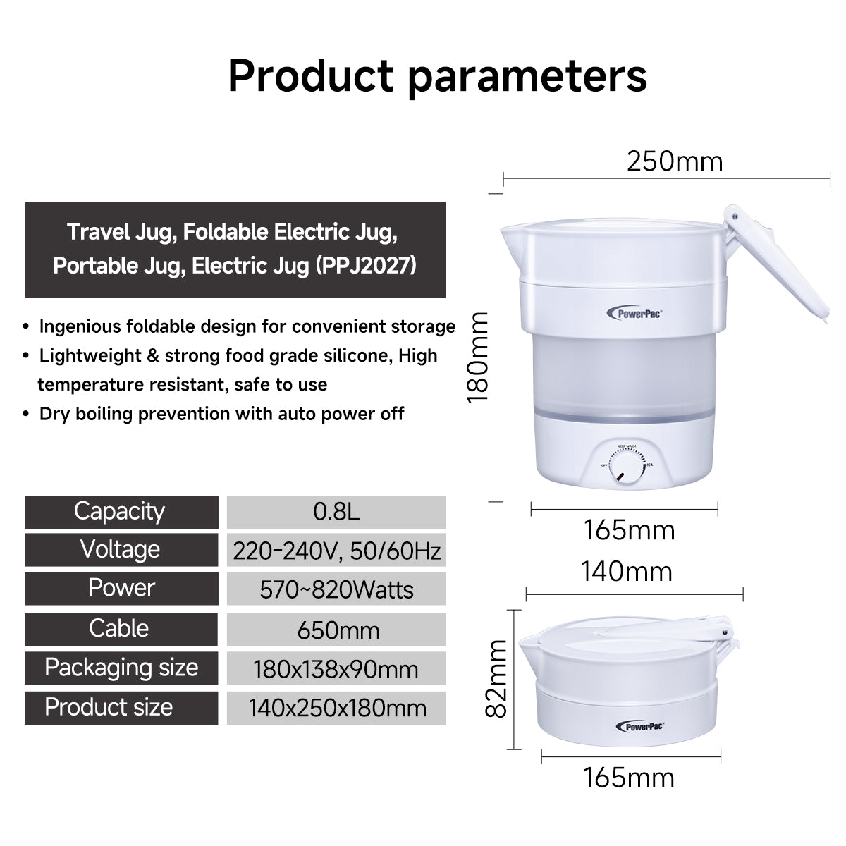 Travel Jug, Foldable Electric Jug, Portable Jug, Electric Jug 0.6L (PPJ2027)