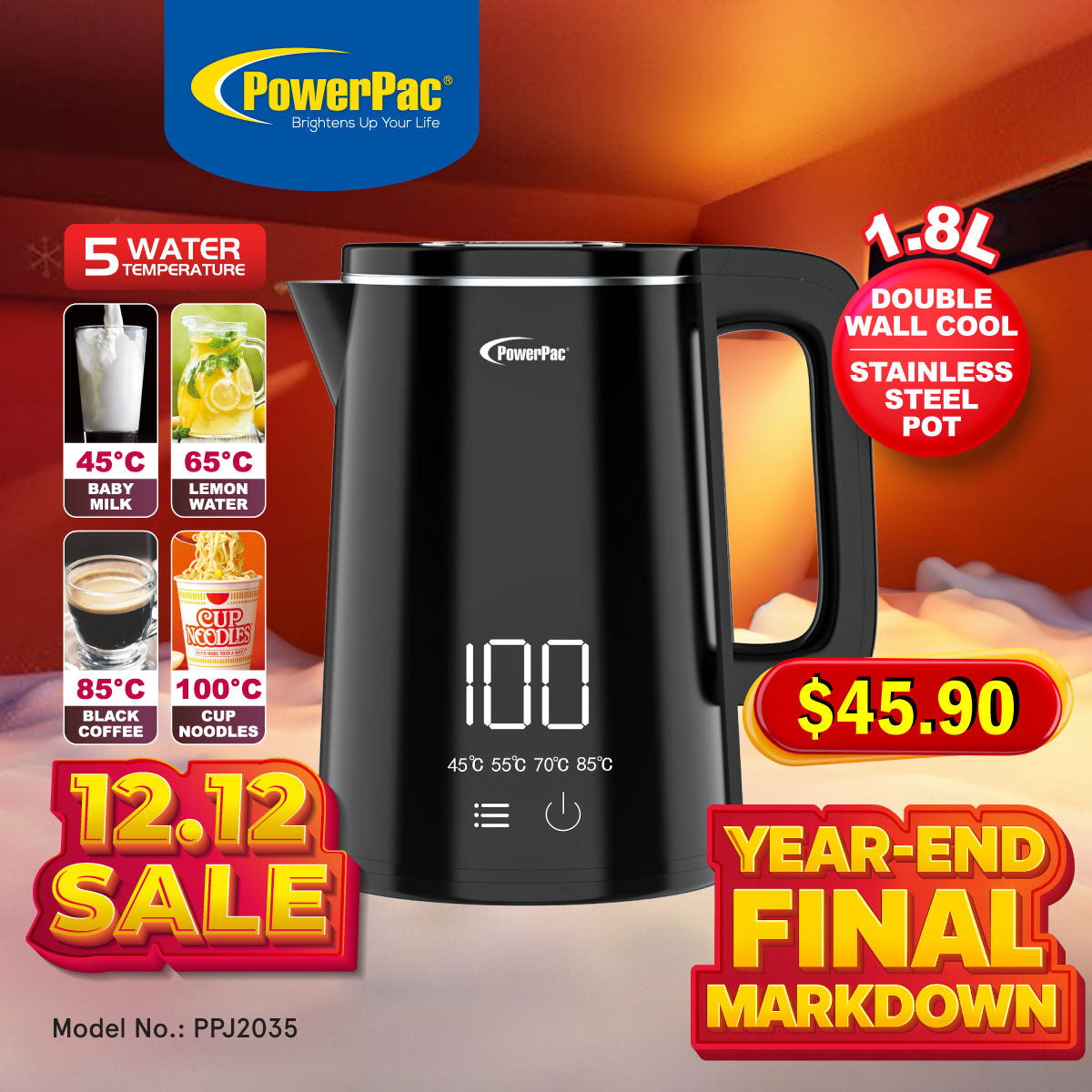 1.8L Digital Kettle Jug, Cordless Kettle Jug with Cool Touch (PPJ2035)