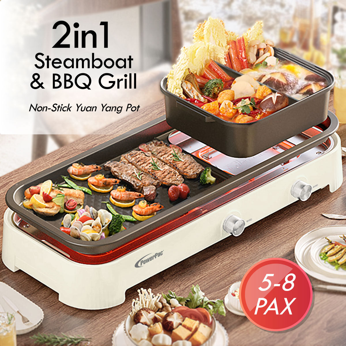 Steamboat with BBQ Grill, 2 in 1 Multi Cooker with Non-stick YuanYang pot (PPMC797)