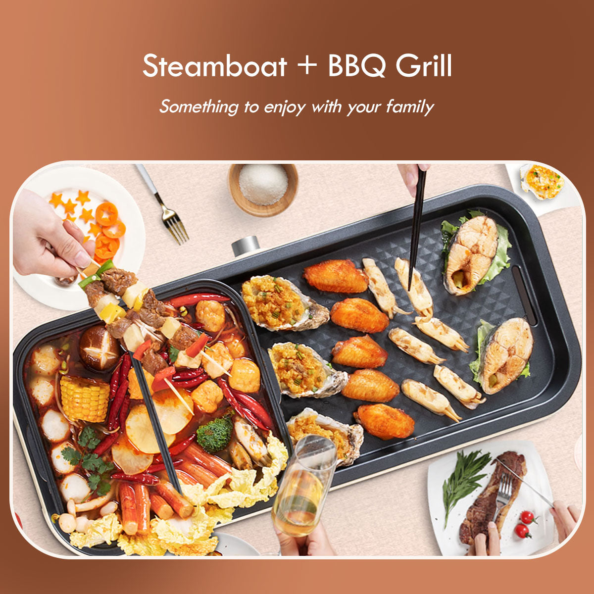 Steamboat with BBQ Grill, 2 in 1 Multi Cooker with Non-stick YuanYang pot (PPMC797)