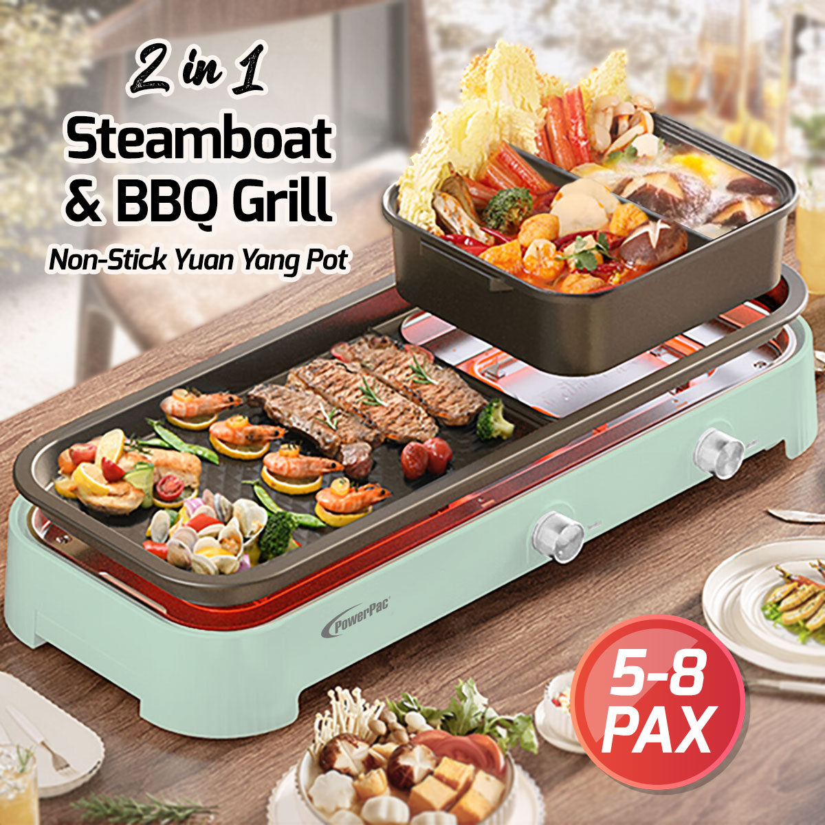 Steamboat with BBQ Grill, 2 in 1 Multi Cooker with Non-stick YuanYang pot (PPMC797)