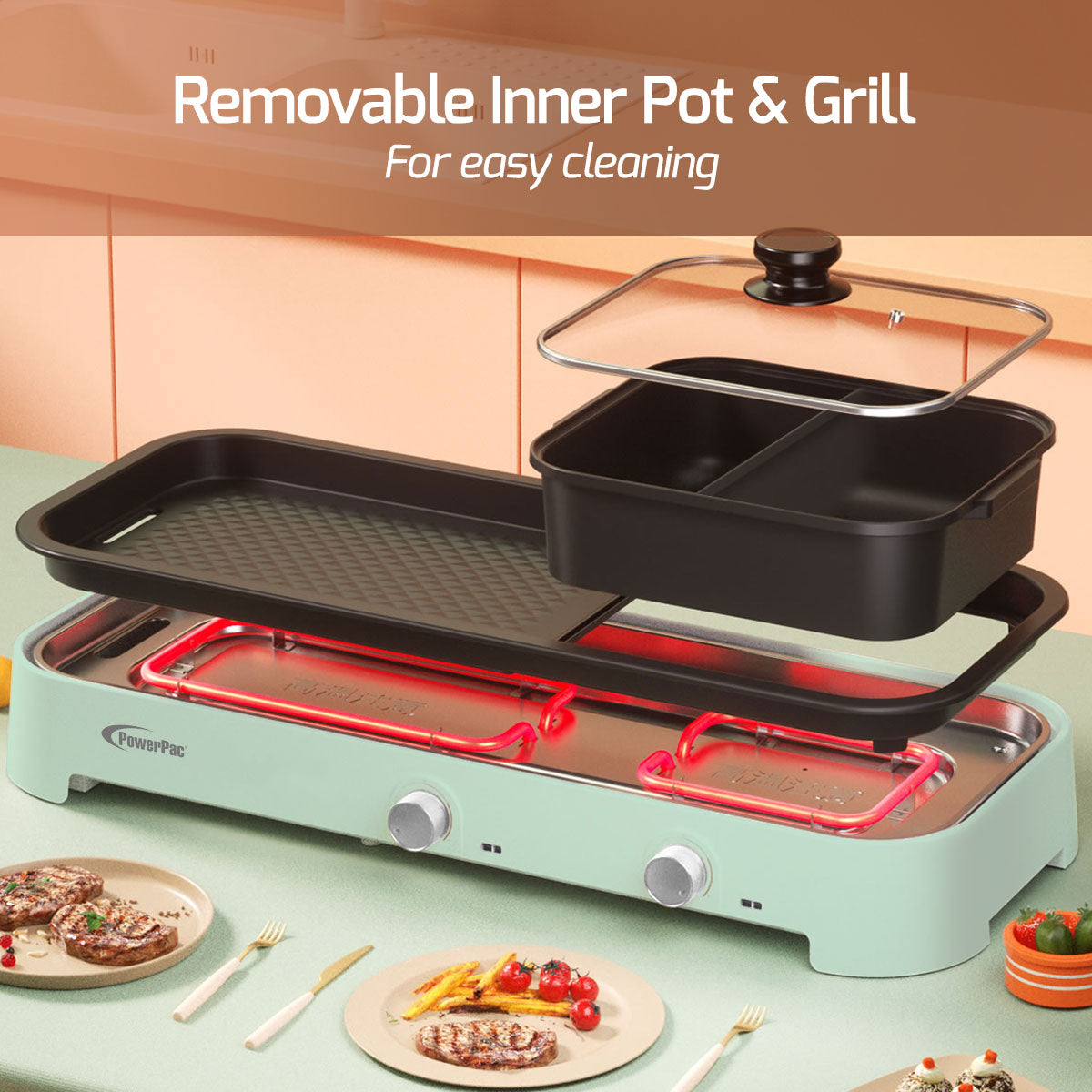 Steamboat with BBQ Grill, 2 in 1 Multi Cooker with Non-stick YuanYang pot (PPMC797)