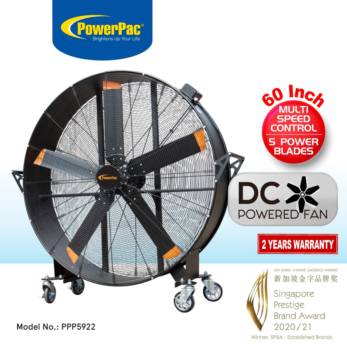 60” Big Industrial Drum Fan – Powerful, Direct-drive Motor, 5 Blades, Portable with Wheels, Sturdy, 7-Speed, black, PPP5922
