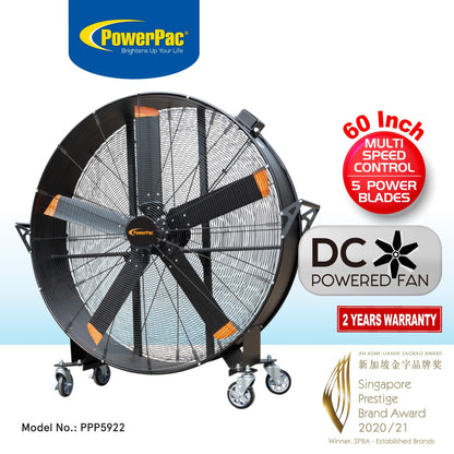 60” Big Industrial Drum Fan – Powerful, Direct-drive Motor, 5 Blades, Portable with Wheels, Sturdy, 7-Speed, black, PPP5922