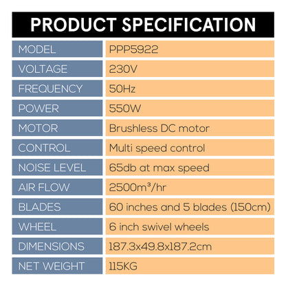 Big Ass Fan, Big fan with Multi Speed, Industrial Fan, Power Fan Air Circulator Fan 60" (PPP5922)