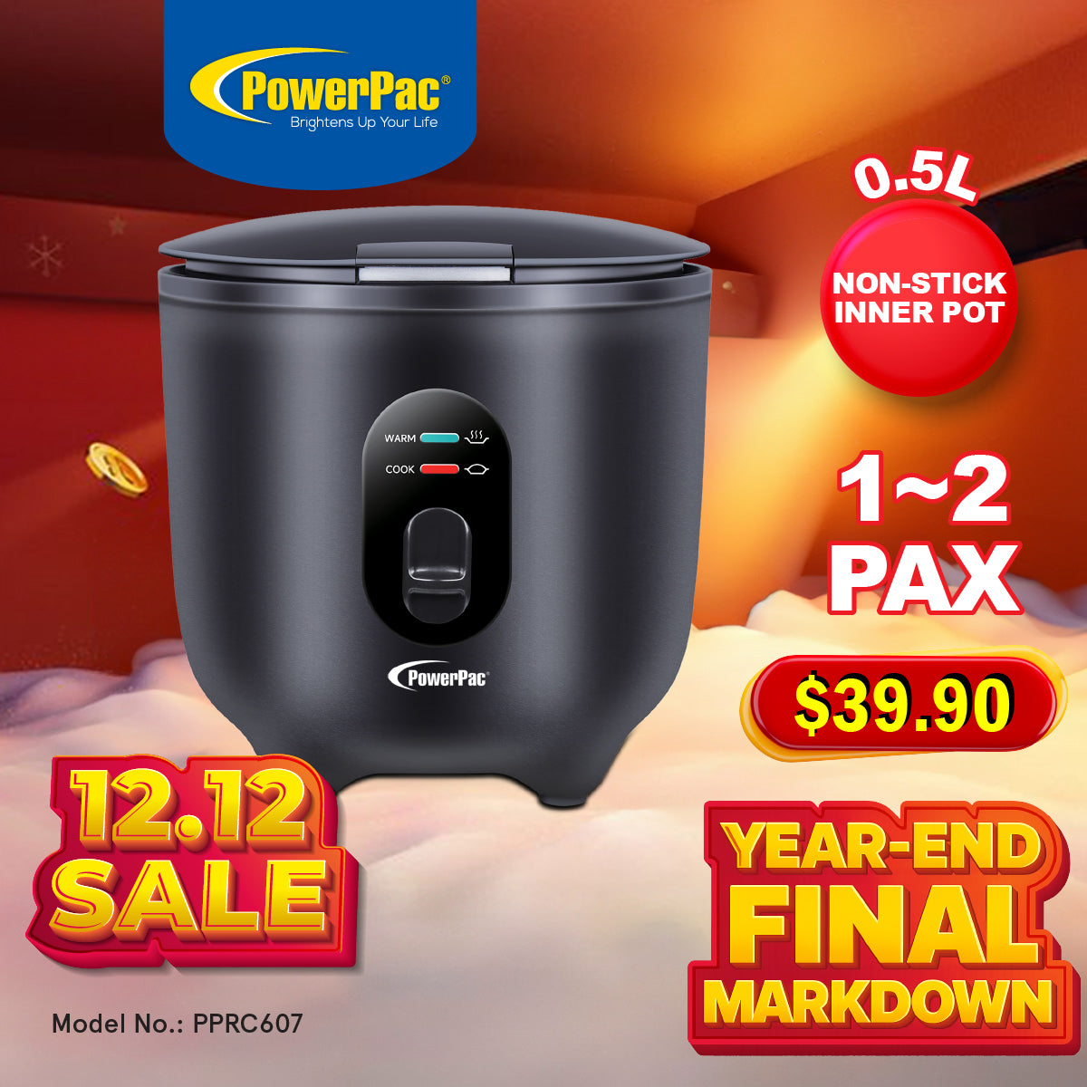 Mini Rice Cooker, Personal Rice Cooker 0.5L with non-stick Inner Pot (PPRC607) Black