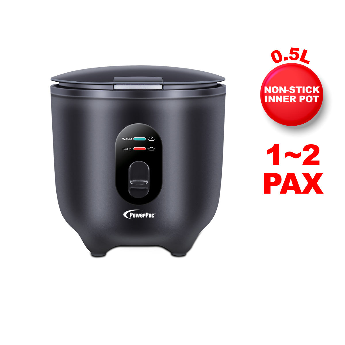 Mini Rice Cooker, Personal Rice Cooker 0.5L with non-stick Inner Pot (PPRC607) Black