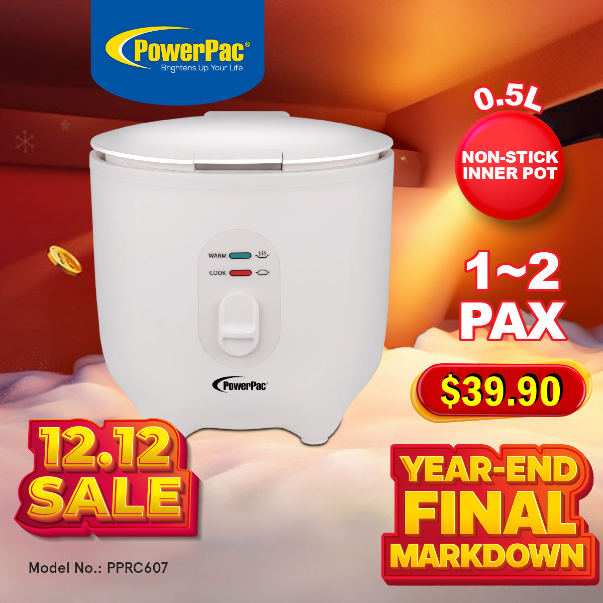 Mini Rice Cooker, Personal Rice Cooker 0.5L with non-stick Inner Pot (PPRC607) Ivory