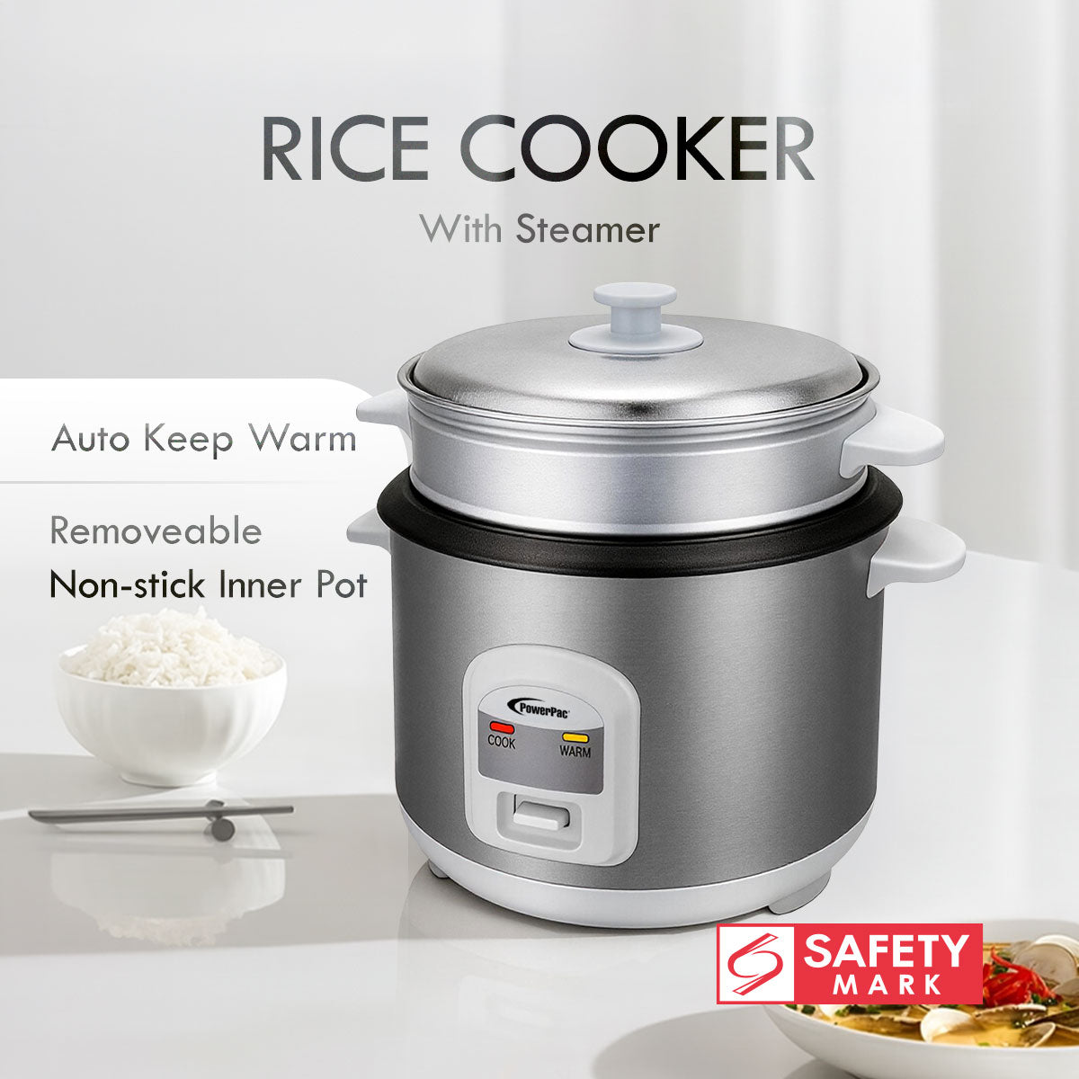 PowerPac 1.8L Rice Cooker with Steamer (PPRC68)