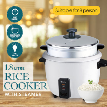 1.8L Rice Cooker with Non Stick Inner Pot and  Steamer (PPRC8) White