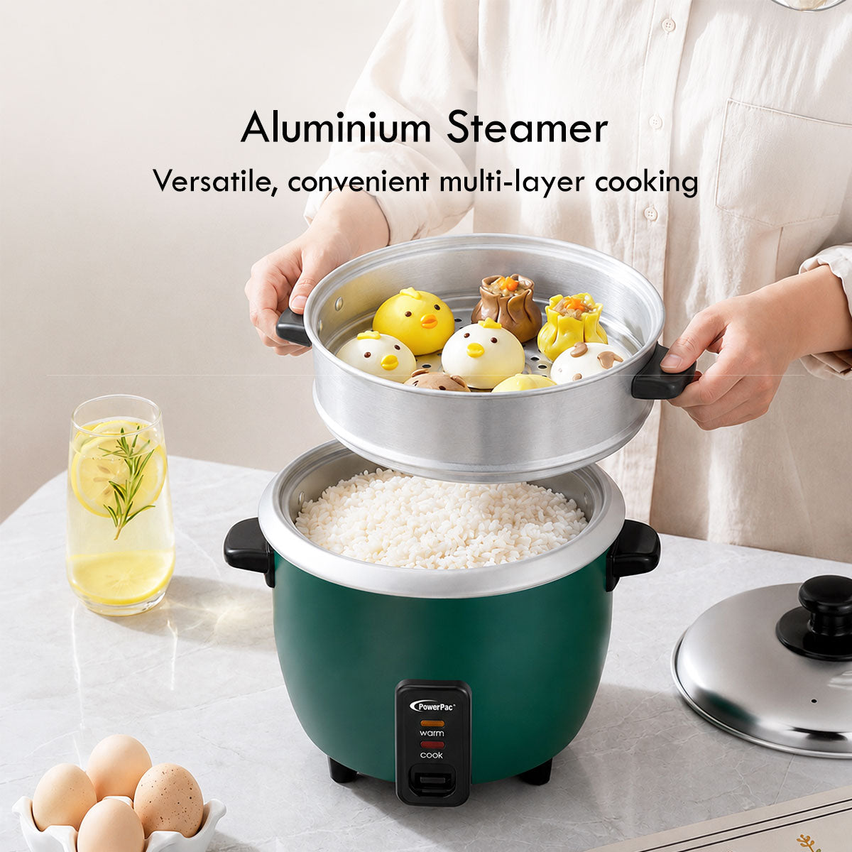 PowerPac 1.8L Rice Cooker with Aluminium Inner Pot and  Steamer (PPRC8) Green
