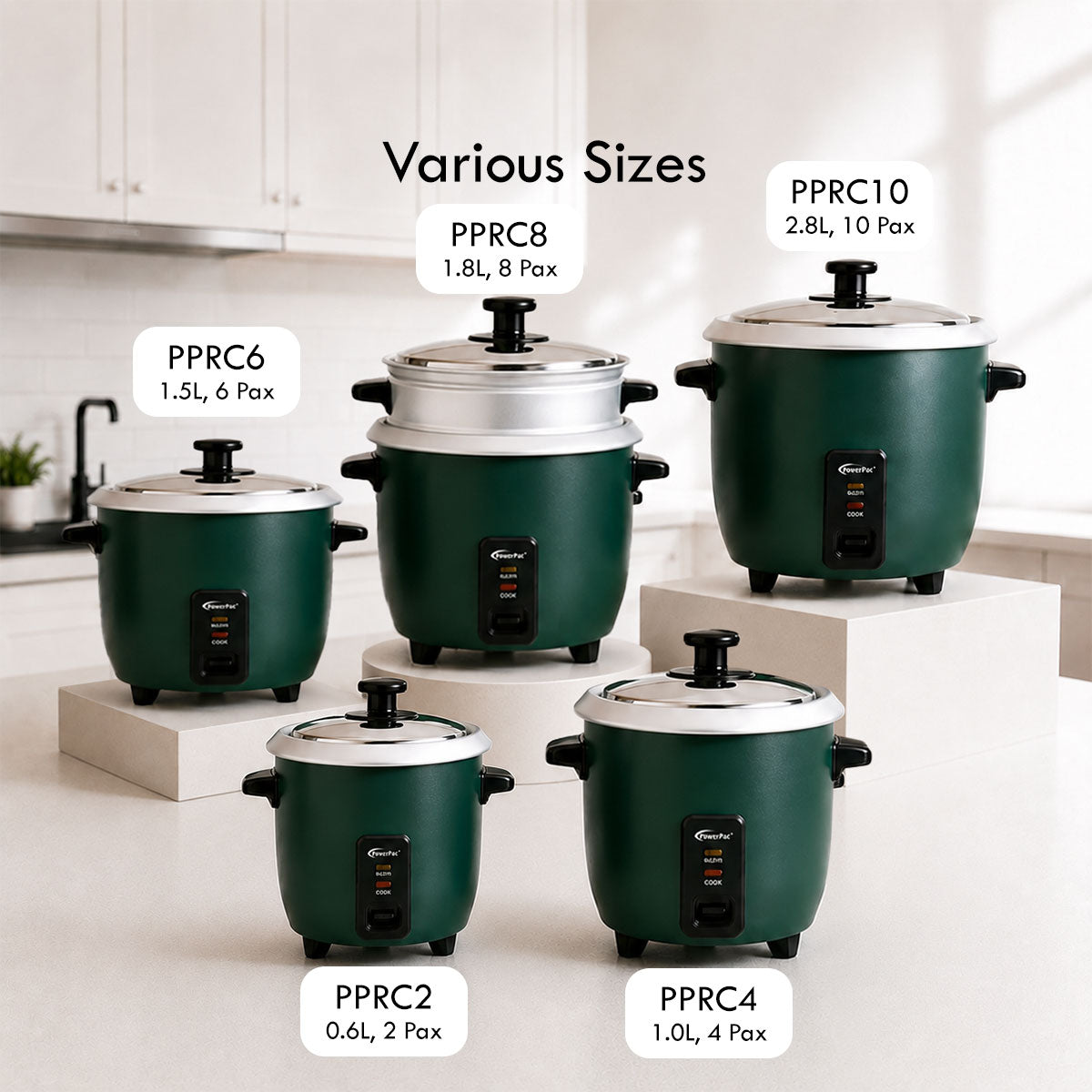 PowerPac 1.8L Rice Cooker with Aluminium Inner Pot and  Steamer (PPRC8) Green