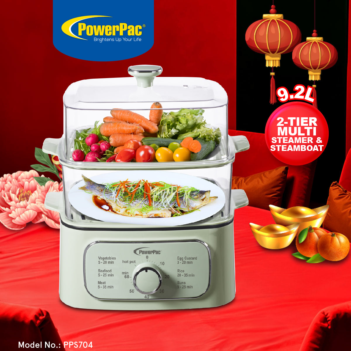 2in1 Multi function 2 Tier Food Steamer & Steamboat, Non-stick Inner Pot, 9.2L (PPS704)