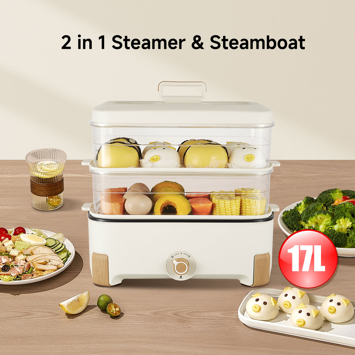 2in1 Multi function 2 Tier Food Steamer & Steamboat, Non-stick Inner Pot, 17L (PPS705)