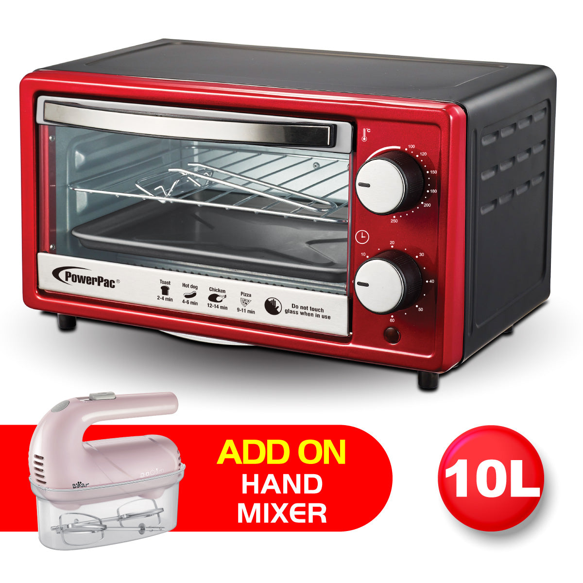 Electric Oven 10L with 1 sets of baking tray and grill and temperature selector (PPT38+DDQ-A01G1)