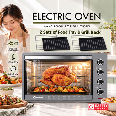 PowerPac Electric Oven 50L with Rotisserie & Convection Functions, 2 Trays & Wire Mesh (PPT45)