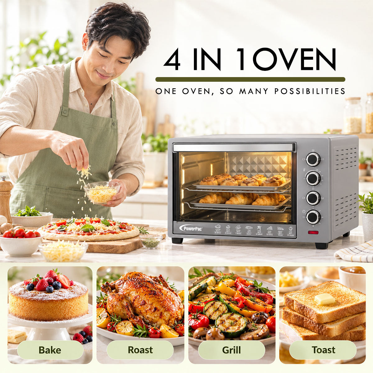 PowerPac Electric Oven 50L with Rotisserie & Convection Functions, 2 Trays & Wire Mesh (PPT45)