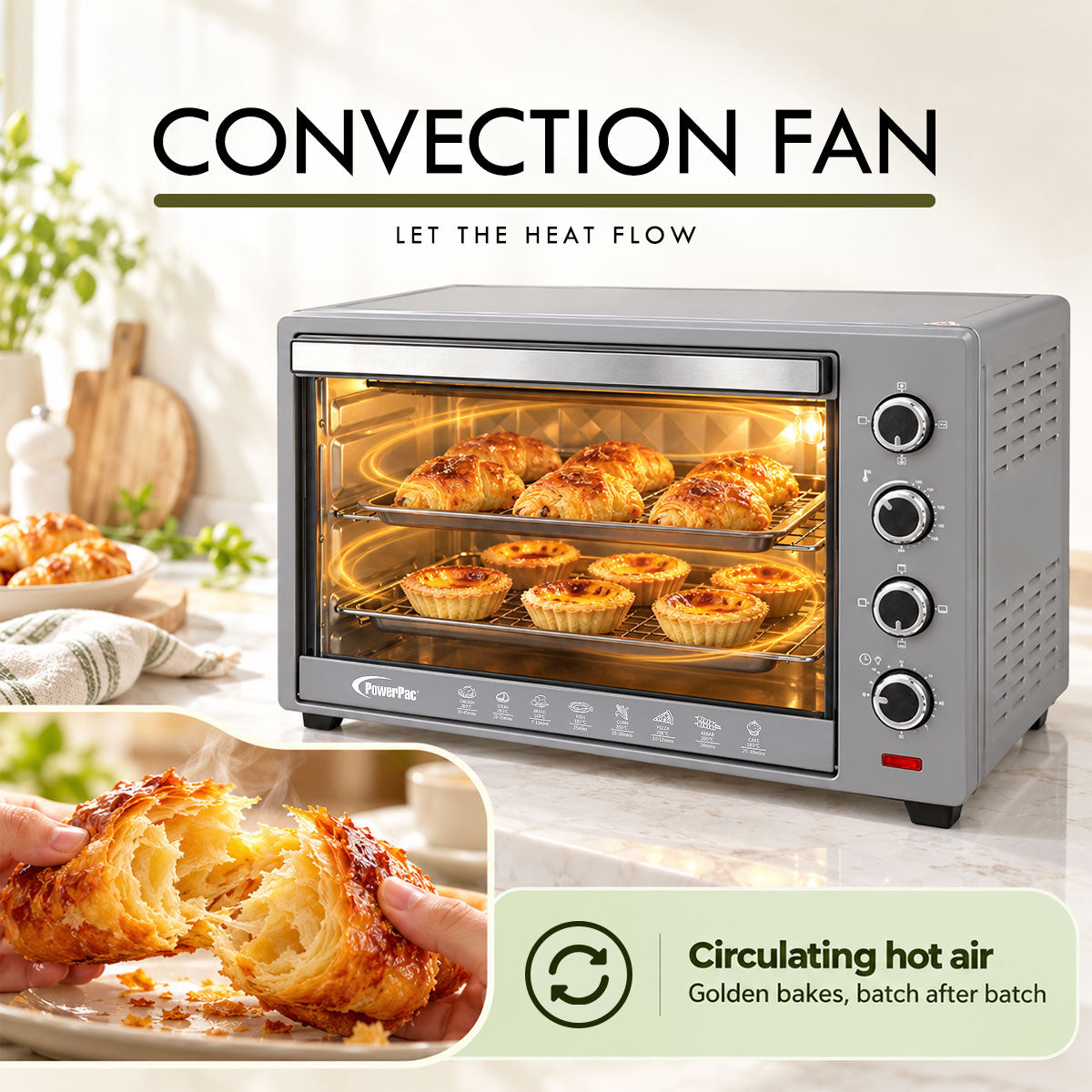 PowerPac Electric Oven 50L with Rotisserie & Convection Functions, 2 Trays & Wire Mesh (PPT45)