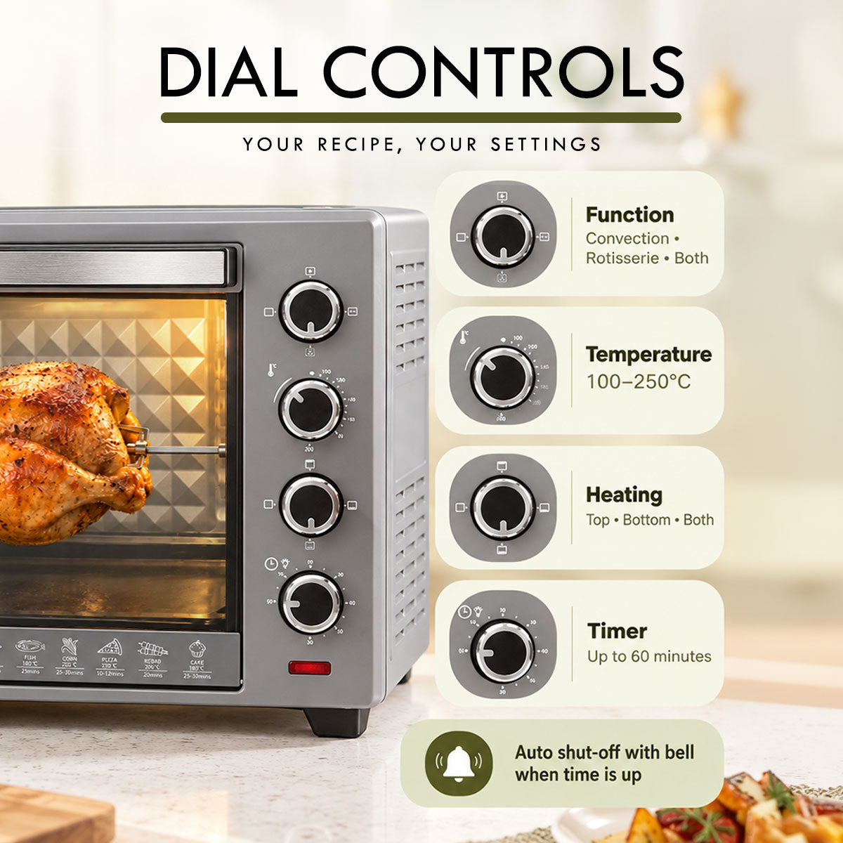 PowerPac Electric Oven 50L with Rotisserie & Convection Functions, 2 Trays & Wire Mesh (PPT45)