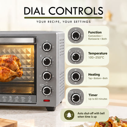 PowerPac Electric Oven 50L with Rotisserie & Convection Functions, 2 Trays & Wire Mesh (PPT45)