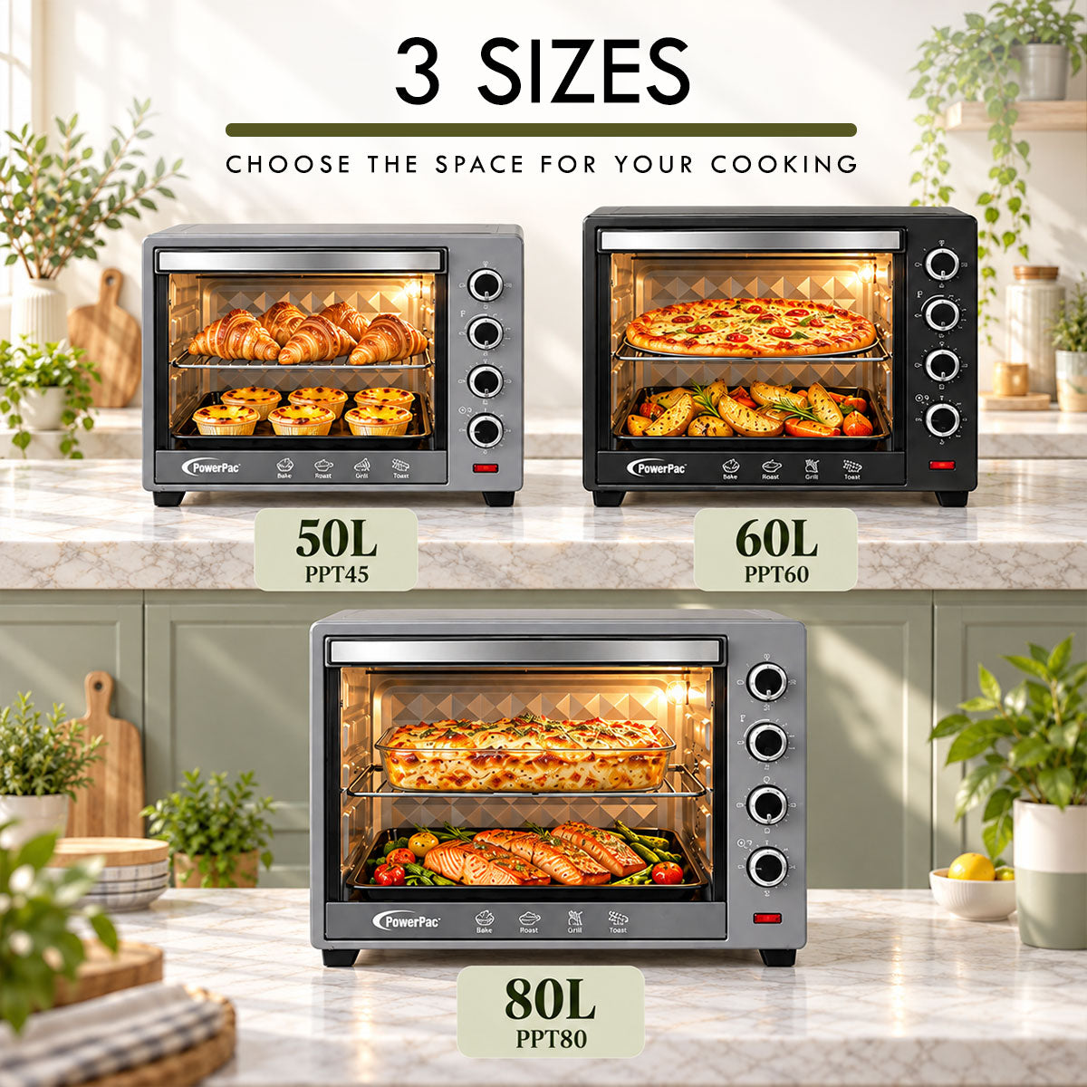 PowerPac Electric Oven 50L with Rotisserie & Convection Functions, 2 Trays & Wire Mesh (PPT45)