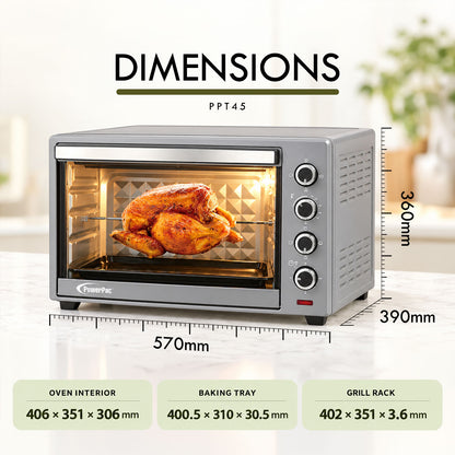 PowerPac Electric Oven 50L with Rotisserie & Convection Functions, 2 Trays & Wire Mesh (PPT45)