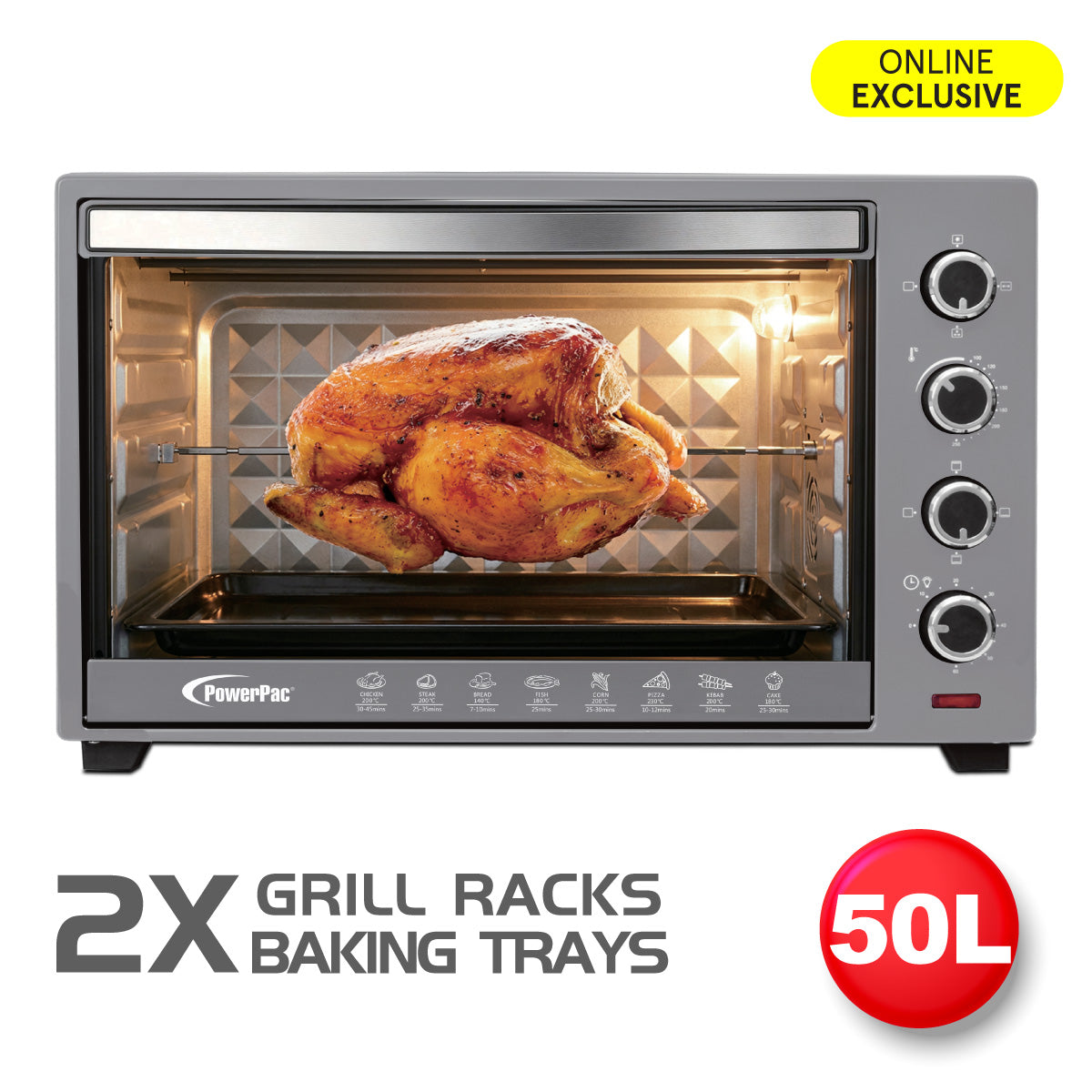 PowerPac Electric Oven 50L with Rotisserie & Convection Functions, 2 Trays & Wire Mesh (PPT45)