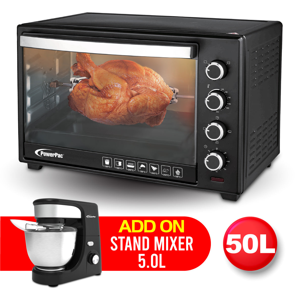Electric Oven 50L with Rotisserie &amp; Convection Functions, 2 Trays &amp; Wire Mesh (PPT45)