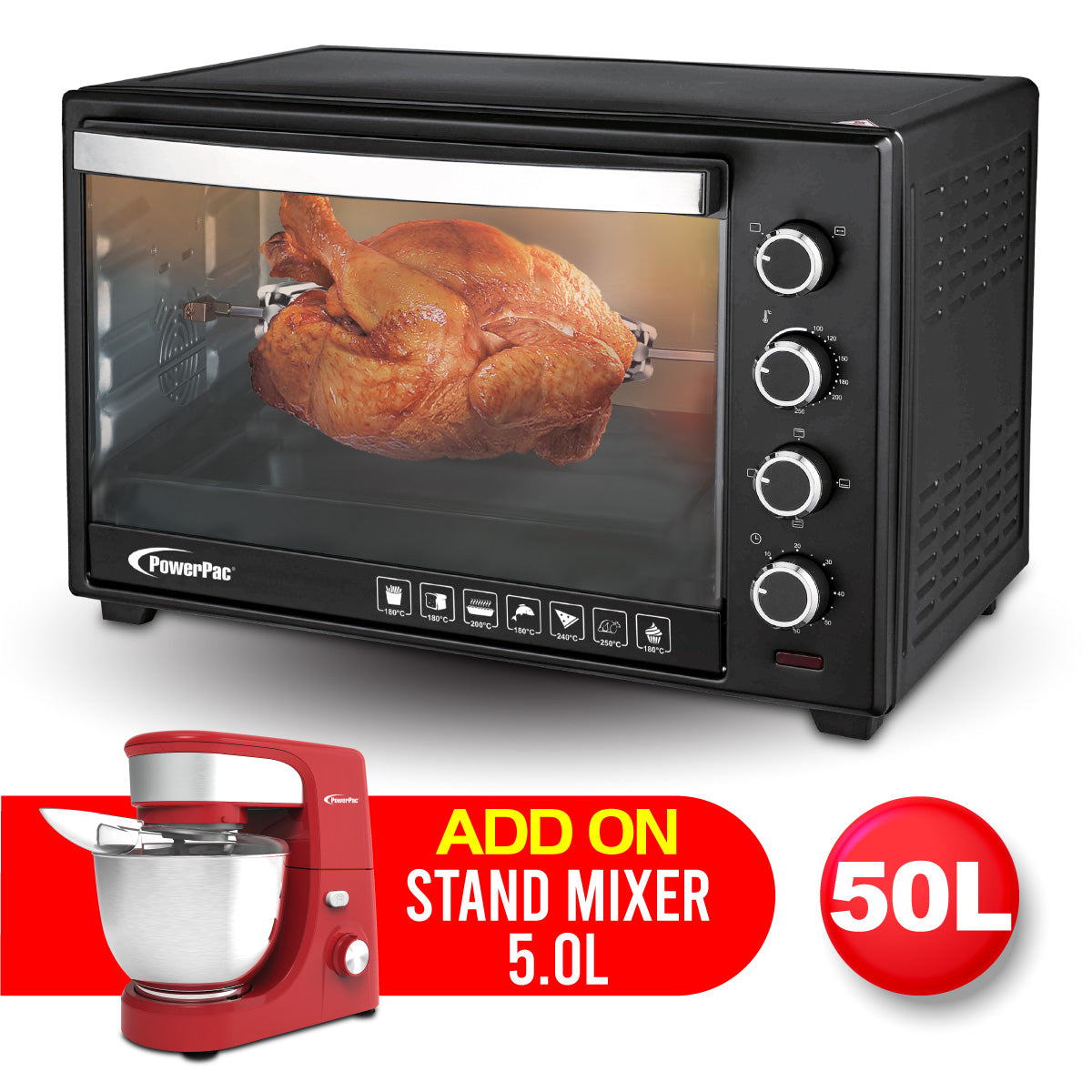 Electric Oven 50L with Rotisserie &amp; Convection Functions, 2 Trays &amp; Wire Mesh (PPT45)