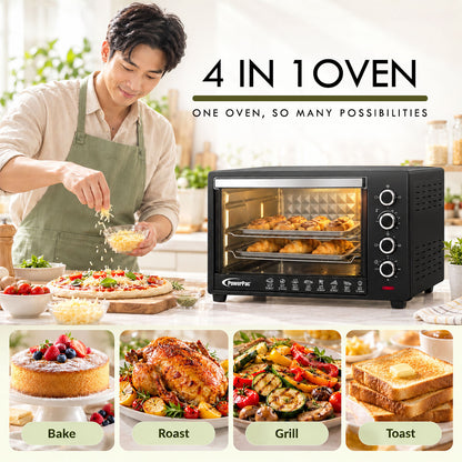 PowerPac Electric Oven 60L with Rotisserie & Convection Functions , 2 Trays & Wire Mesh (PPT60)