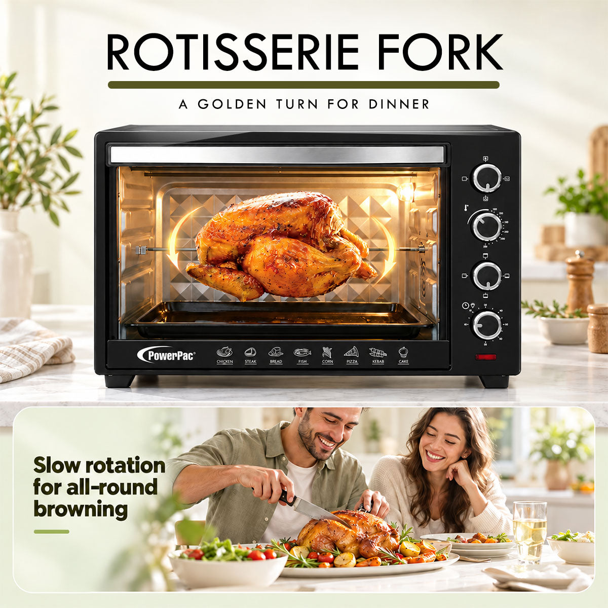 PowerPac Electric Oven 60L with Rotisserie & Convection Functions , 2 Trays & Wire Mesh (PPT60)