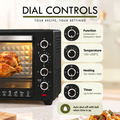 PowerPac Electric Oven 60L with Rotisserie & Convection Functions , 2 Trays & Wire Mesh (PPT60)
