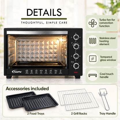 PowerPac Electric Oven 60L with Rotisserie & Convection Functions , 2 Trays & Wire Mesh (PPT60)