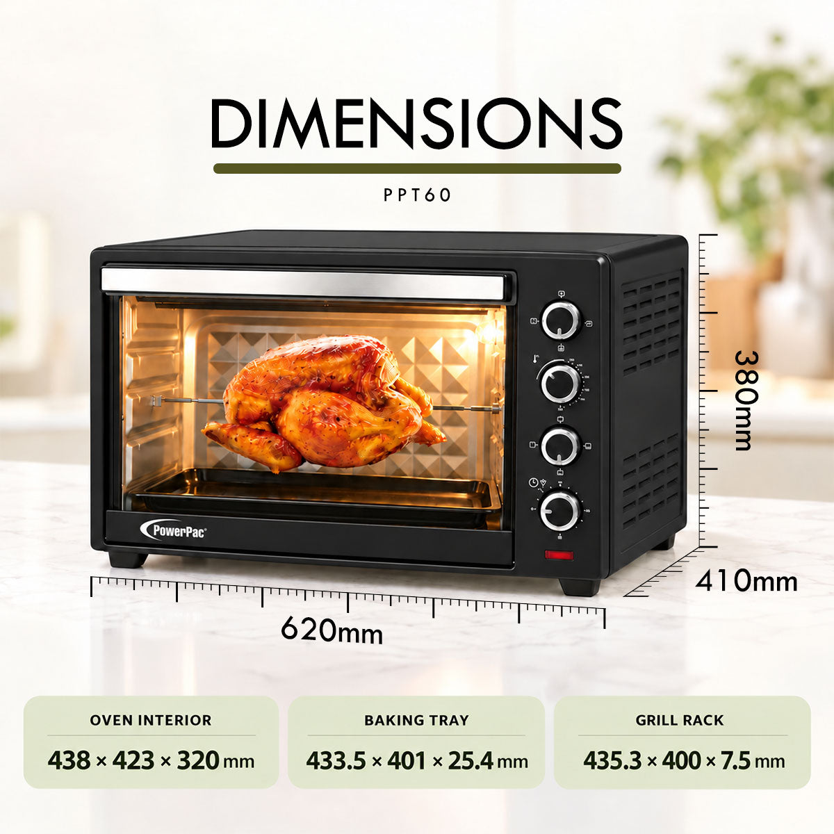 PowerPac Electric Oven 60L with Rotisserie & Convection Functions , 2 Trays & Wire Mesh (PPT60)