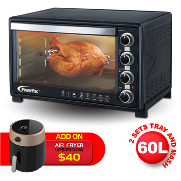 PowerPac Electric Oven 60L with Rotisserie & Convection Functions , 2 Trays & Wire Mesh (PPT60)