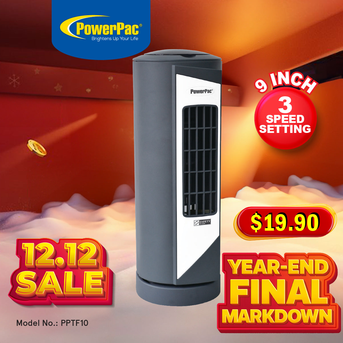 10" Tower Fan – Desk Fan, Oscillation, Portable, Compact, Energy-saving, Thermal protection, 3-Speed, grey, PPTF10