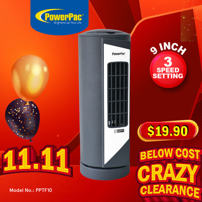 10" Tower Fan – Desk Fan, Oscillation, Portable, Compact, Energy-saving, Thermal protection, 3-Speed, grey, PPTF10