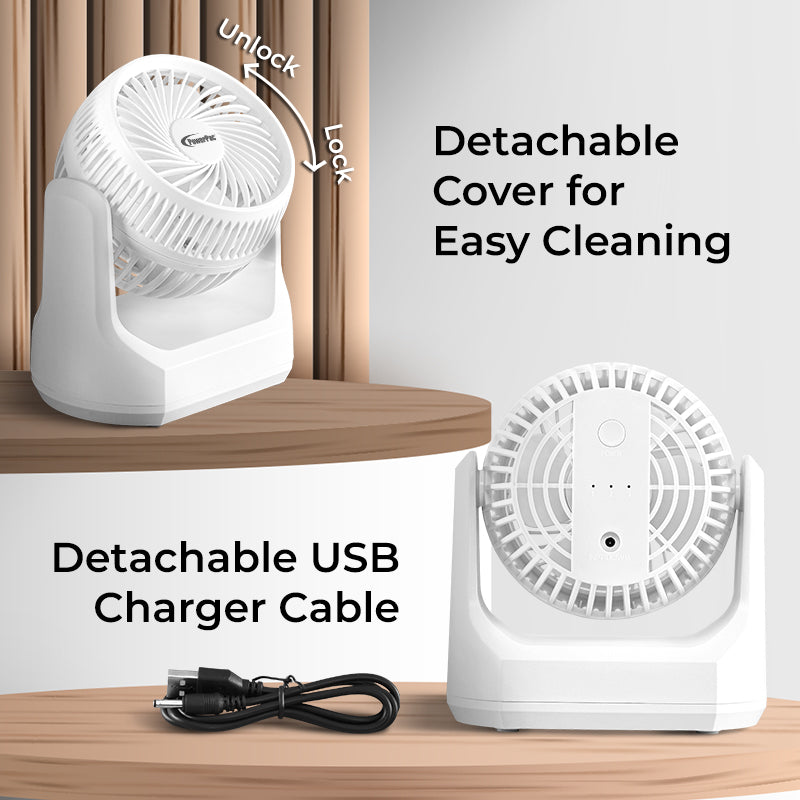 USB Fan Portable, Wireless Rechargeable, Desk Fan (PPUF223) White