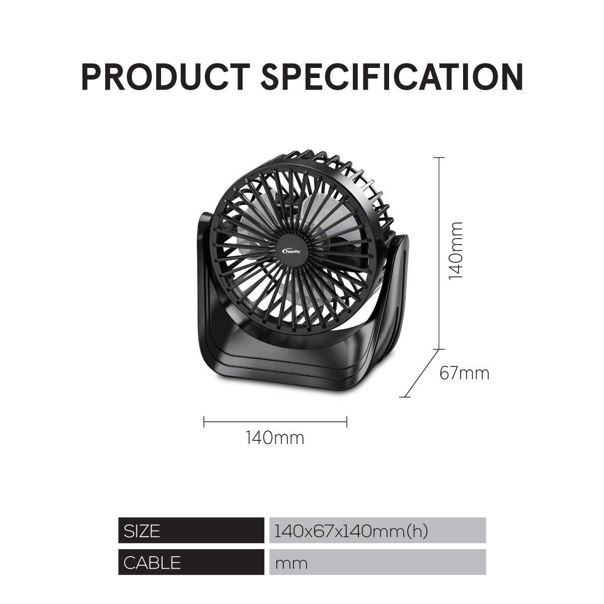 USB fan, Desk Fan, Portable Fan, Rechargeable Fan with 3 speed setting (PPUF223) Black